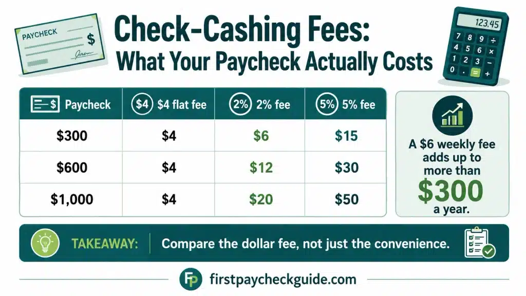 Infographic comparing paycheck check-cashing fees using a flat four-dollar fee, a two percent fee, and a five percent fee for different paycheck amounts