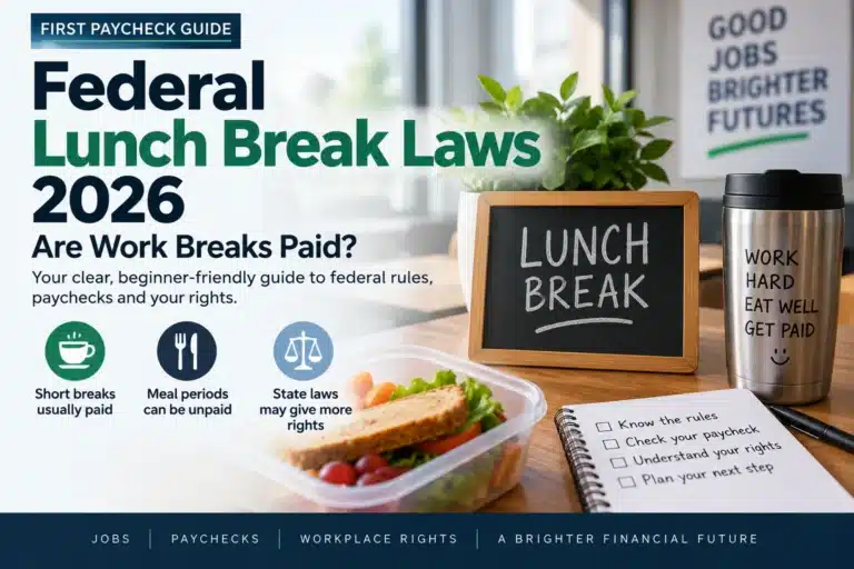 Federal lunch break laws 2026 featured image explaining paid rest breaks, unpaid meal periods and paycheck hours