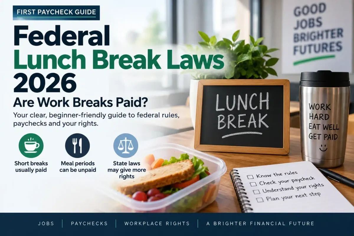 Federal lunch break laws 2026 featured image explaining paid rest breaks, unpaid meal periods and paycheck hours
