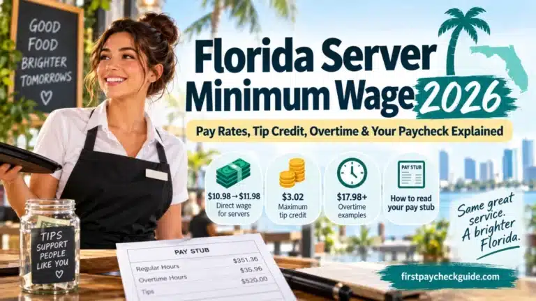 Featured image: Minimum wage for servers in Florida; explaining Florida server minimum wage in 2026, including direct wages, tip credit, overtime and pay stub guidance