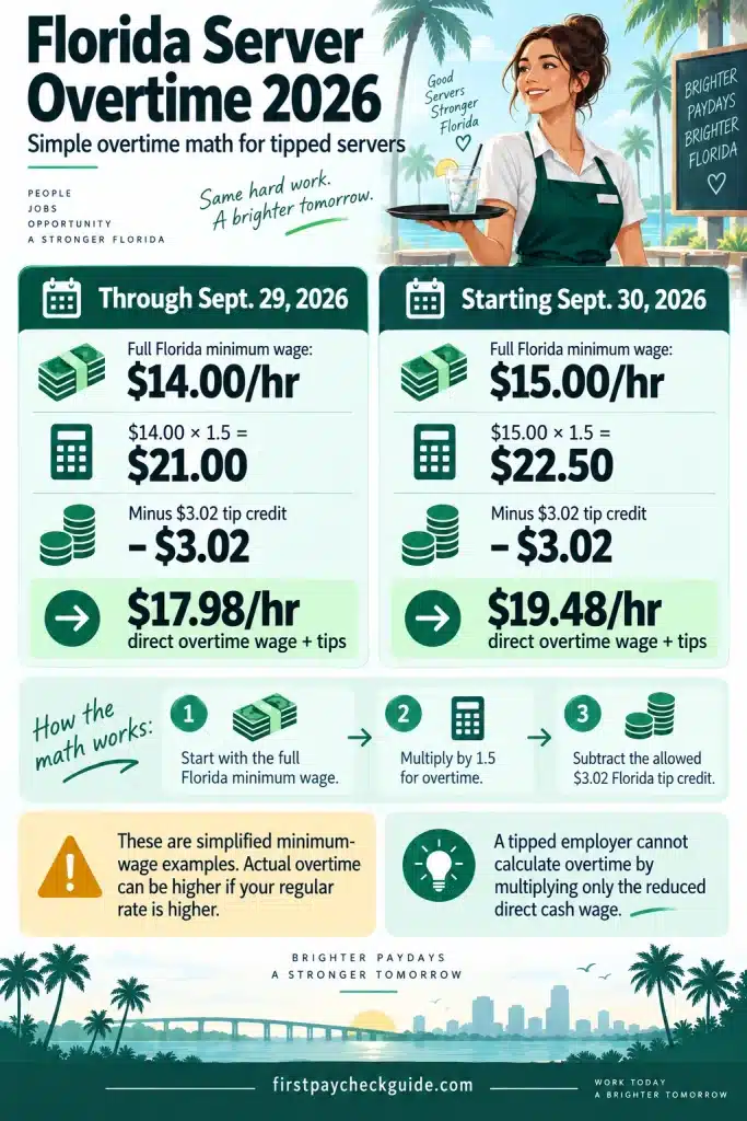 Florida server overtime infographic showing simplified direct cash overtime examples of $17.98 before September 30 and $19.48 starting September 30, 2026