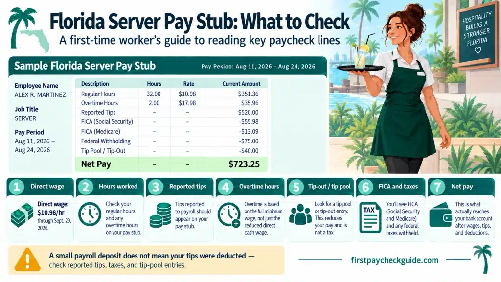 Florida server pay stub infographic showing direct wage, hours worked, reported tips, overtime, tip-outs, FICA taxes and net pay