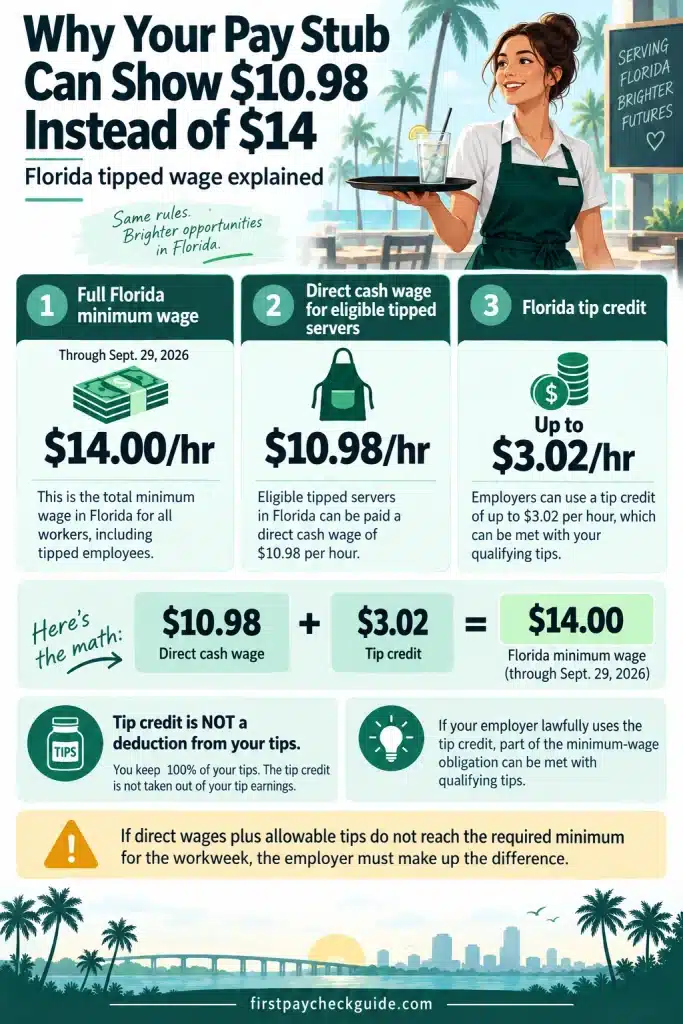 Infographic explaining why a Florida server may receive a $10.98 direct wage instead of the $14 minimum wage because of the $3.02 tip credit