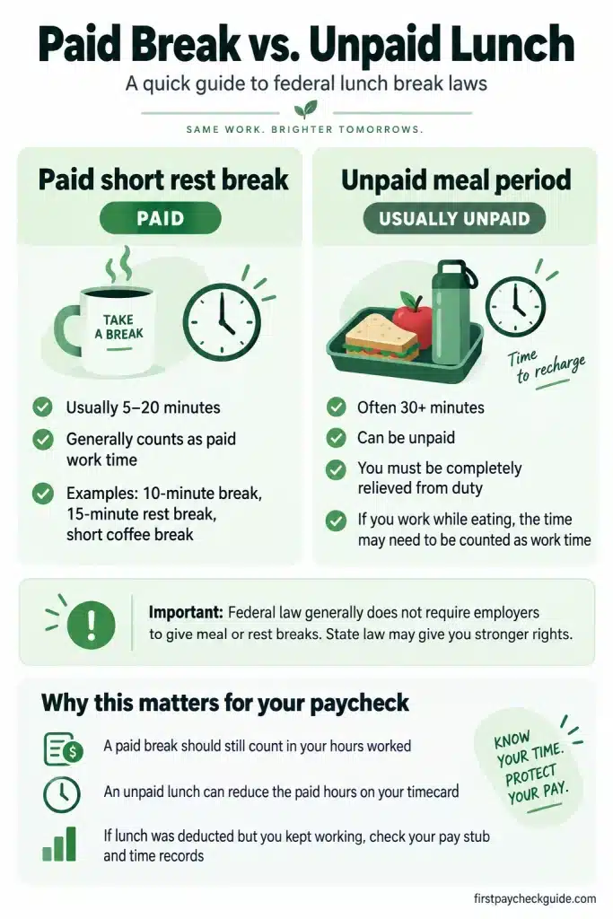Infographic comparing paid 5 to 20 minute rest breaks with unpaid meal periods under federal lunch break laws