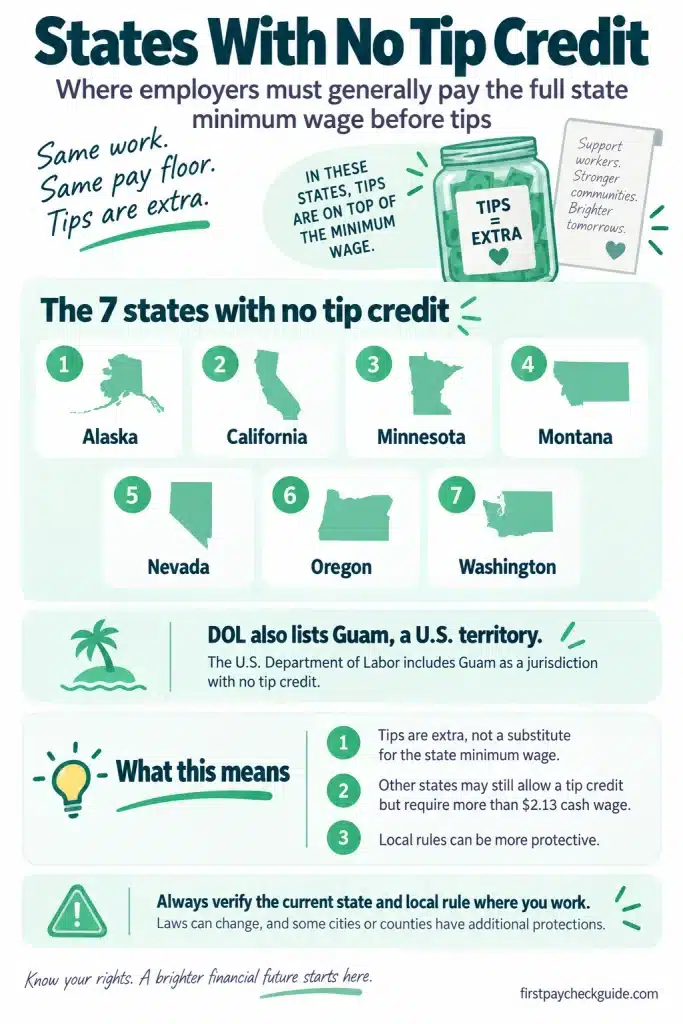 Infographic listing Alaska, California, Minnesota, Montana, Nevada, Oregon and Washington as states with no tip credit, with Guam noted separately