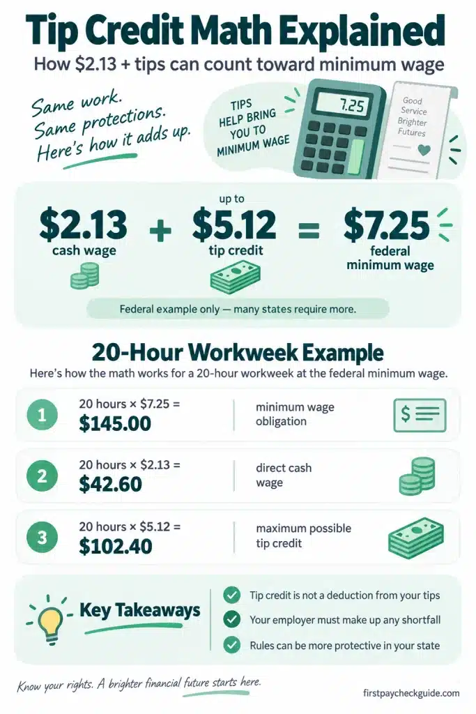 Tip credit math infographic showing $2.13 cash wage plus up to $5.12 tip credit equaling the $7.25 federal minimum wage