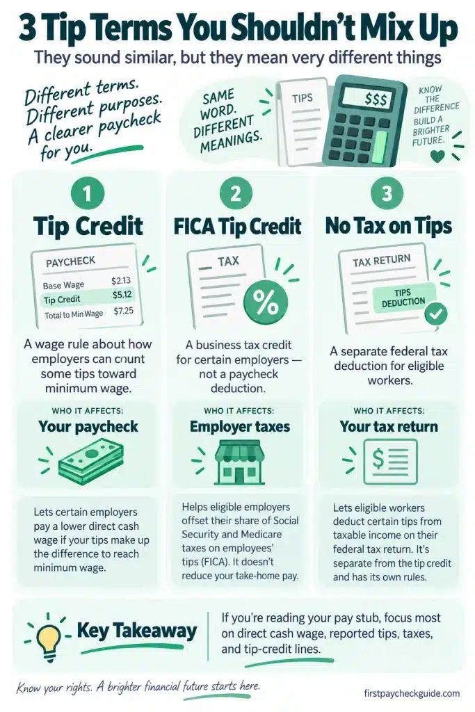Comparison infographic explaining the difference between tip credit, FICA Tip Credit and the No Tax on Tips deduction
