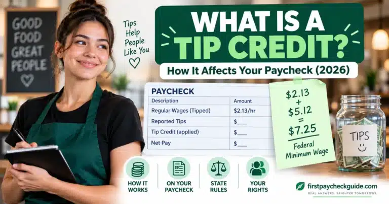 Featured image explaining what is a tip credit, with a tipped worker, paycheck, tip jar, and the $2.13 plus $5.12 federal minimum wage example