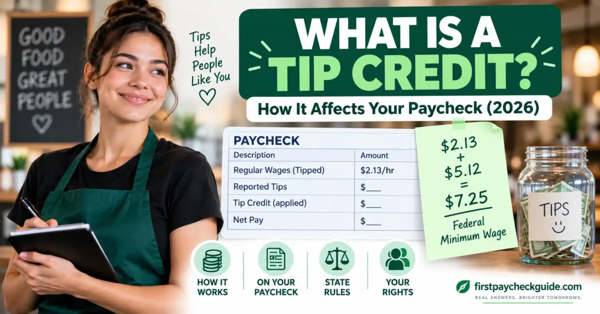 Featured image explaining what is a tip credit, with a tipped worker, paycheck, tip jar, and the $2.13 plus $5.12 federal minimum wage example