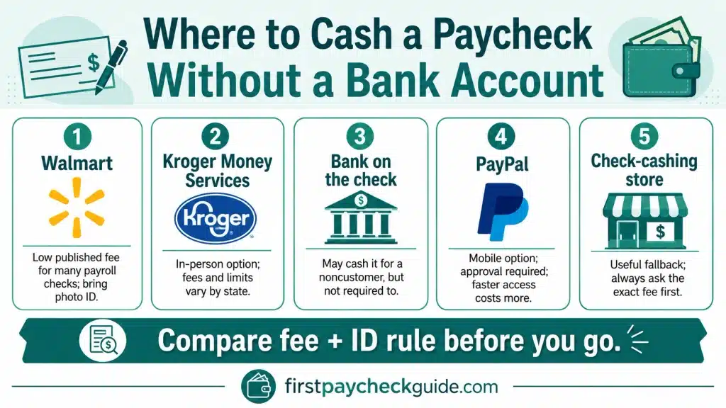 Infographic showing places to cash a paycheck without a bank account, including Walmart, Kroger Money Services, the bank on the check, PayPal, and check-cashing stores