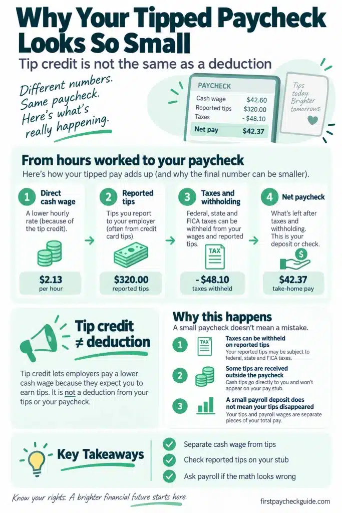 Infographic explaining why a tipped paycheck can be small due to cash wages, reported tips, taxes and withholding, and showing that tip credit is not a deduction