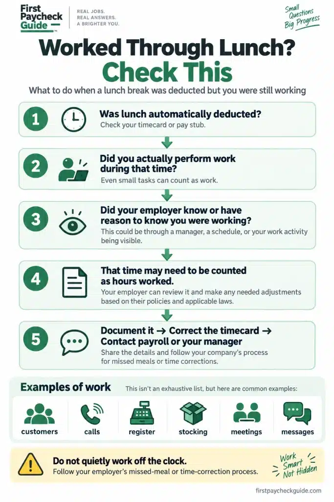 Flowchart showing what to check when lunch was automatically deducted but the employee worked during the meal period